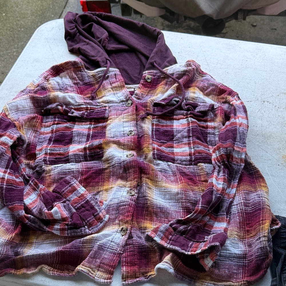 SO Maroon and Yellow Plaid Button-Down Shirt with Hood